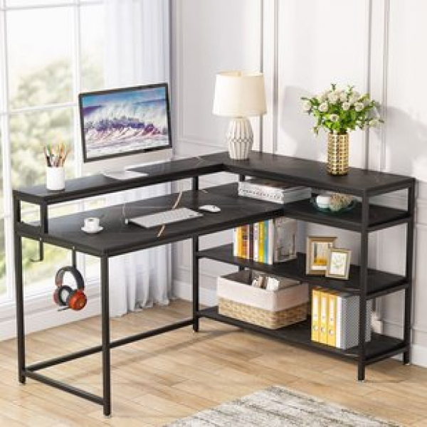 Amazon hot selling corner computer desk with monitor stand, home L-shaped office desk, writing desk, storage rack