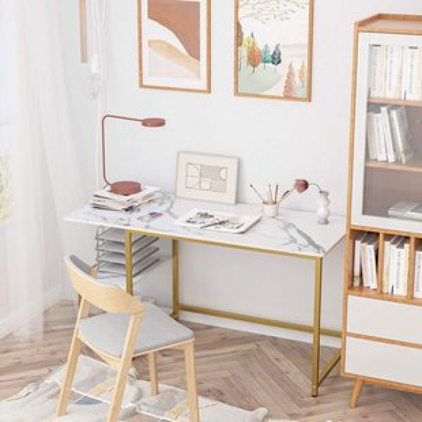 47 inch light luxury style commercial office desk, student desk, computer desk, white marble patterned gold frame