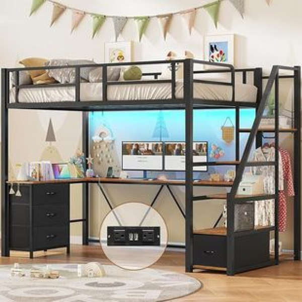 Elevated bed Nordic wrought iron bunk bed Multi functional iron frame tower bed suitable for small apartment steel frame bed, second floor trendy