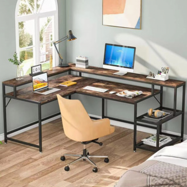 Multi functional light luxury desktop computer desk, bedroom double gaming desk, study office corner desk, bookshelf integrated desk