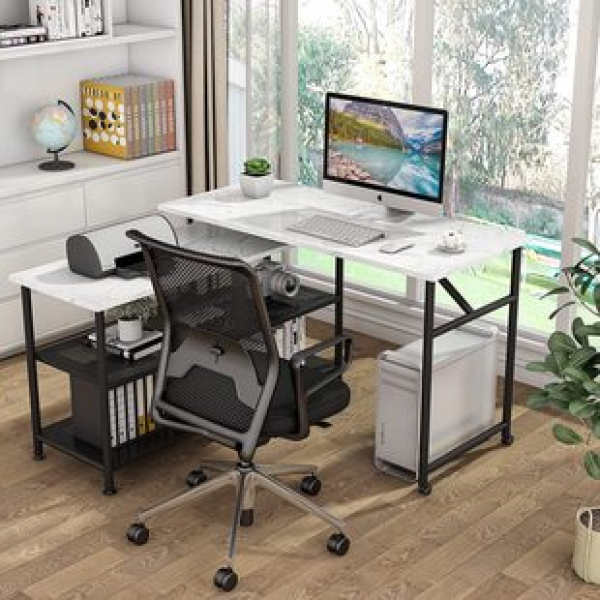 360 ° rotating desk corner computer desk learning desk open shelf artificial marble L-shaped office desk