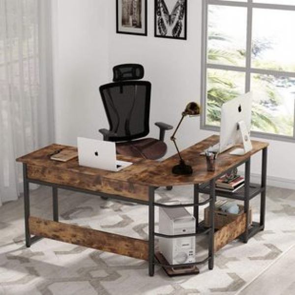 L-shaped office desk, modern sitting, standing corner, computer desk, storage rack, desktop adjustable height, desk, workstation