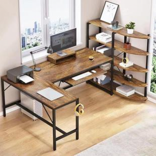 Office desk with computer stand, steel wood desk, Amazon customized L-shaped corner computer desk with multi-layer storage rack