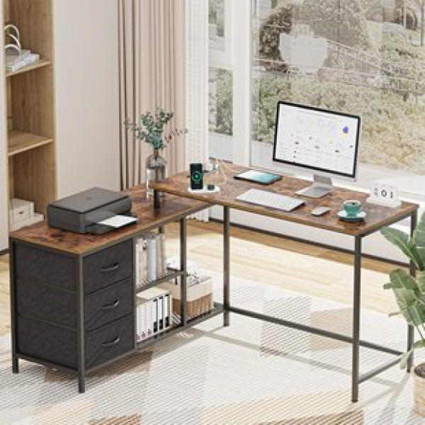 Customized desktop home corner writing desk, L-shaped computer desk, bedroom corner office desk with filing cabinet