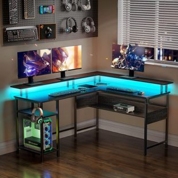 Home office desk, desk with USB port and hook, double-sided L-shaped gaming desk with monitor stand, trendy