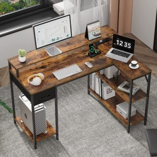 Featuring a monitor stand, storage rack, small corner office desk, L-shaped computer desk with power socket and LED light strip