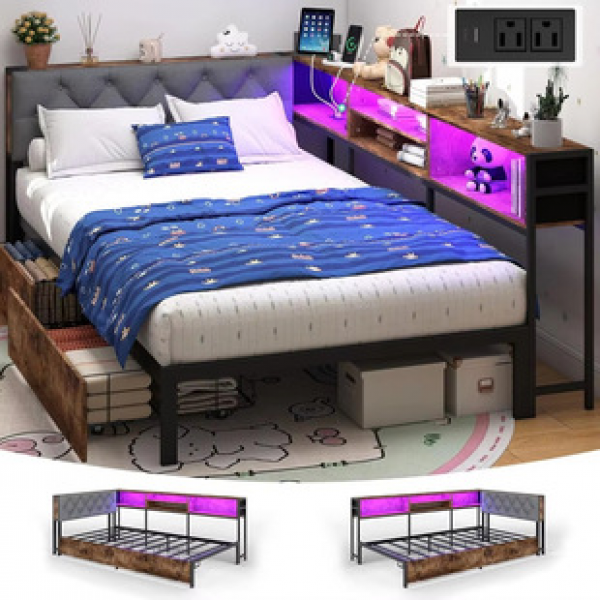 Cross border metal iron bed frame, simple corner floor standing single bed with LED ambient light, drawer storage bed frame