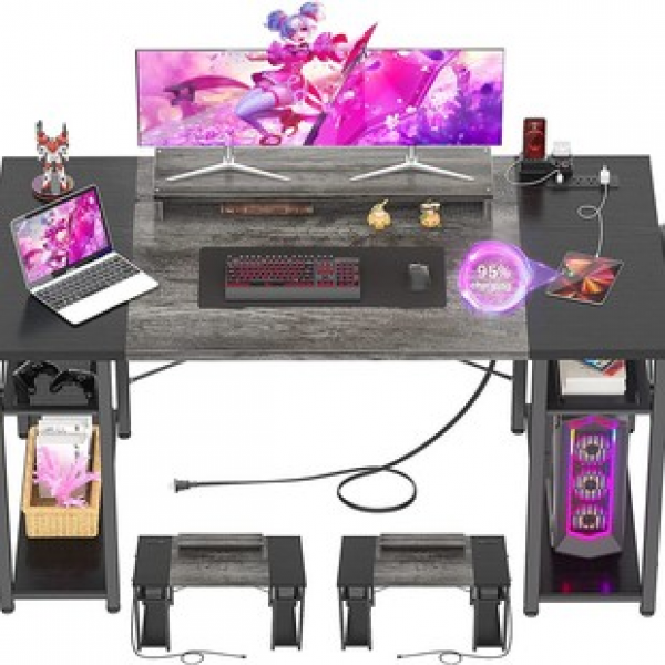 Laptop desk with row plug rechargeable study desk, cross-border e-commerce iron wood combination single person office desk