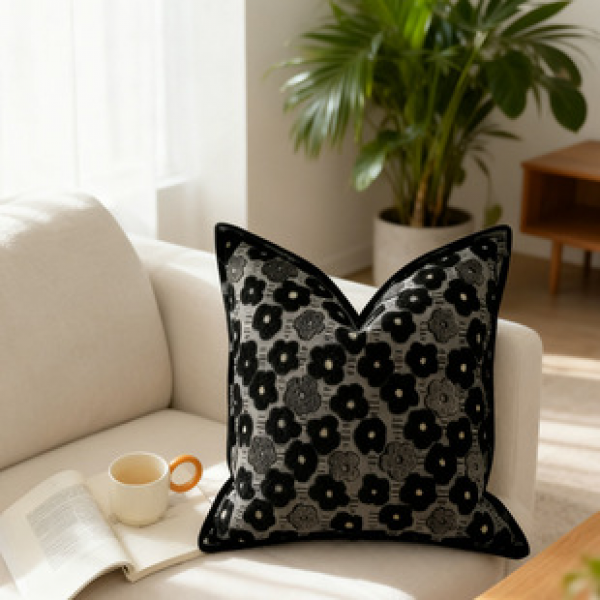 Italian high-end jacquard cut velvet pillow, feather velvet pillow core, modern and simple French black gray flower cushion