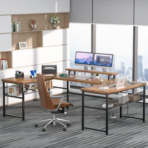 U-shaped office desk with monitor stand and storage rack, power socket and LED light strip, L-shaped computer desk