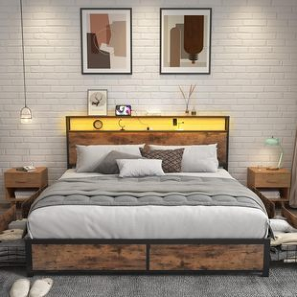 Retro brown wood with built-in charging station LED light, silent with double-layer storage headboard and 4 storage drawers, trendy