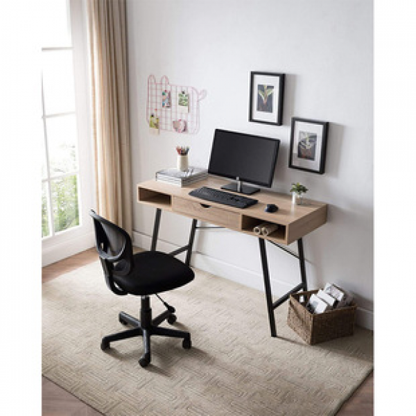 Modern computer with drawers, learning wooden office desk, laptop computer, workstation, home office, writing desk