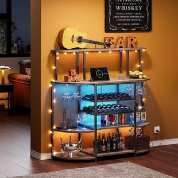 Cross border direct sales independent floor coffee bar table with wine rack storage glass rack bar cabinet with exit LED lights