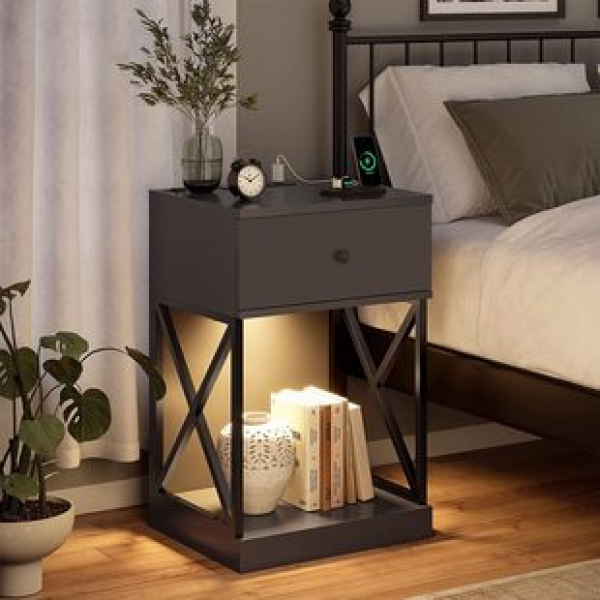 Cross border color changing light strip bedroom small with row insert iron wood structure multifunctional side table modern simple bedside table trend