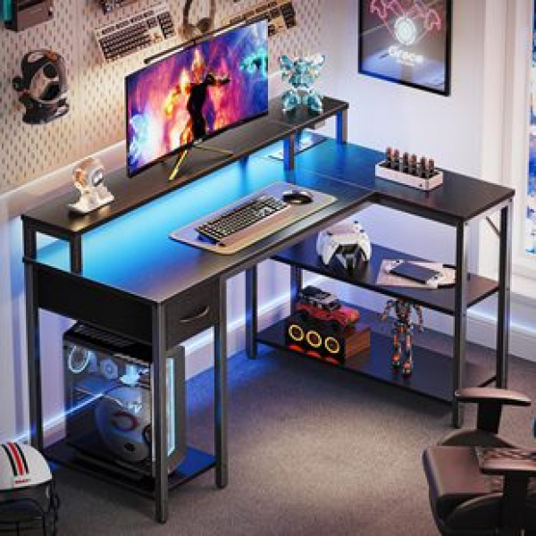 Source Factory Cross border Esports Table with Light and Socket Drawer L-shaped Reversible Installation Computer Table Game Table Explosive Product