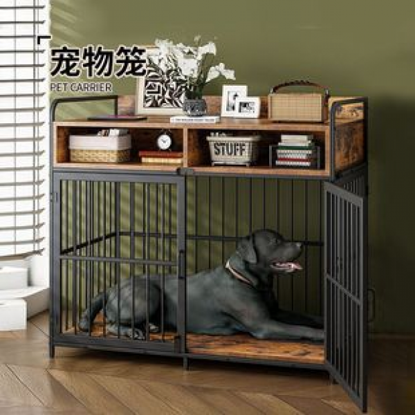 Cross border factory direct sales home steel wood round tube dog cage thickened, bite resistant, sturdy, durable, movable pet cage for storage
