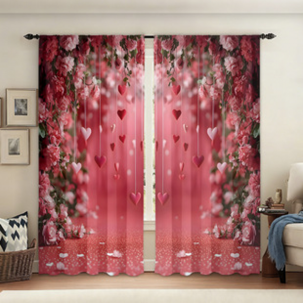 2pcs Valentine's Day window screen manufacturer supplies cross-border Amazon 3D digital printed fabric curtains and window screens