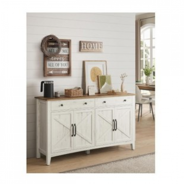 Side panel storage cabinet with cable holes, drawer partition, modern minimalist white ribbon, two drawers adjustable shelves