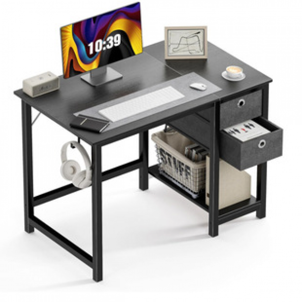 Home student writing desk with 2-layer fabric storage rack, small computer desk, steel iron wood computer desk, office desk