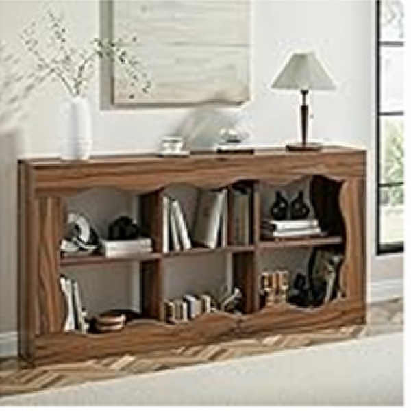 French retro solid wood foyer table, living room entrance, modern minimalist, light luxury, curved long table, quiet and wavy foyer counter