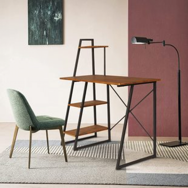 Simple family writing desk, bookshelf storage, computer desk, iron wood combination study, desktop laptop, office desk, trendy