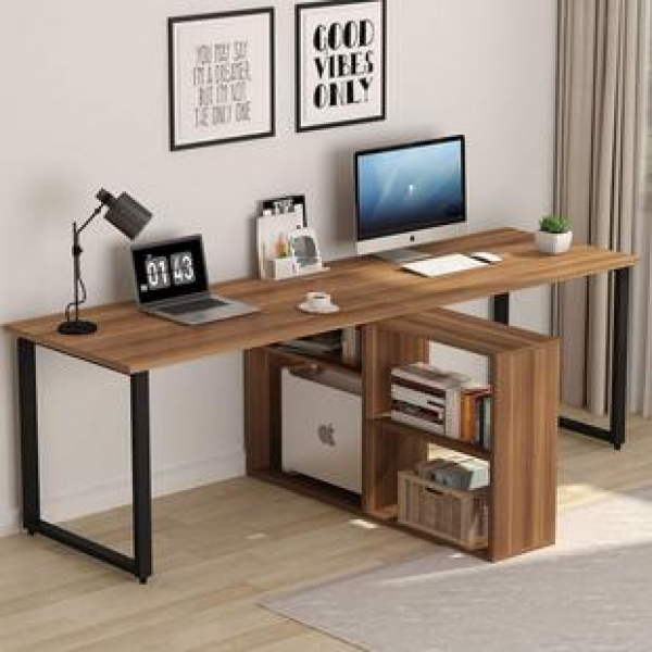 Modern minimalist double computer desk, home study desk, desktop computer desk, couple's desk, bookshelf, e-sports desk, side by side