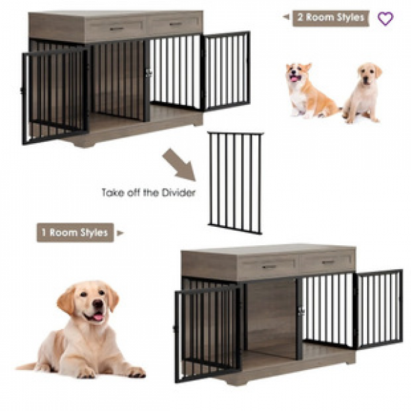 Cage dog bedside table made of iron frame, dog house with drawer decoration, dog room nest furniture, small dog interior, wooden pet box, desk