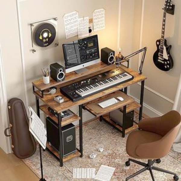 Home study desk with monitor stand and storage rack, computer desk with drawers, 47 inch double-sided office desk