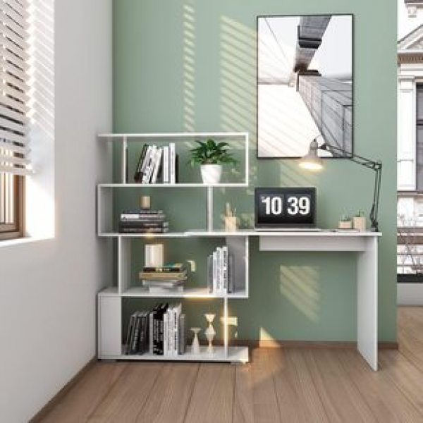 Cross border suitable for learning, home office, living room, computer corner desk, L-shaped desk with 4 layers of storage shelves, trendy
