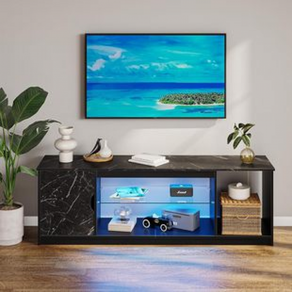 Easy assembly of LED TV stand for living room and bedroom, TV corner console with adjustable glass frame, tide resistant