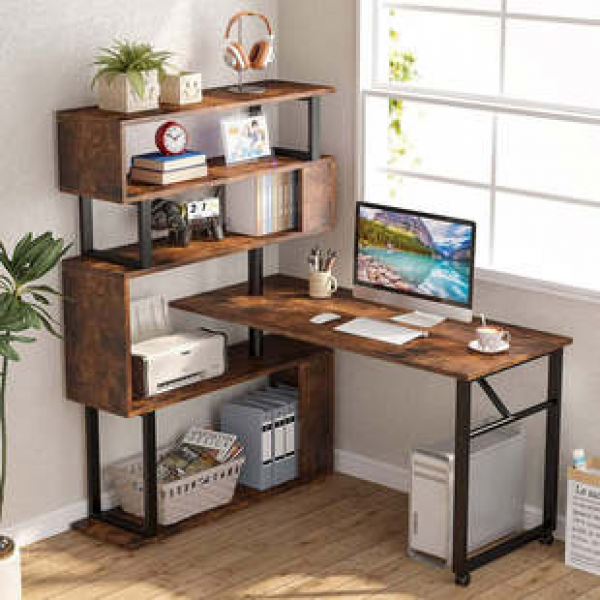 Cross border hot selling rotatable mobile computer desk, L-shaped office furniture with bookshelf, storage cabinet, trendy storage