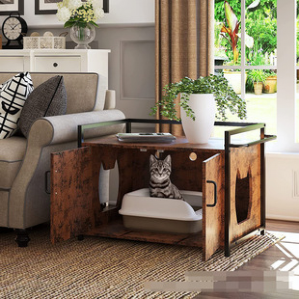 Cat litter box with storage desk and rack design, hidden cat litter box, cat house bedside table fence, cat restroom trendy