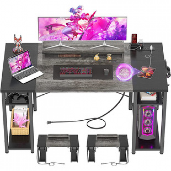 Cross border hot selling rechargeable study desk with row plug, iron wood combined single person office desk, laptop desk