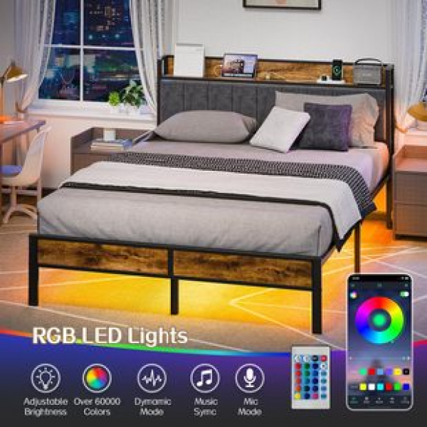 Metal platform equipped with intelligent LED lights and USB charging station, easy to assemble retro bed frame with headboard trend