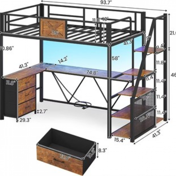 Elevated bed with upper and lower tables, saving space with wardrobe, desk and bed integrated combination, lower space, children's dormitory, high and low shelves