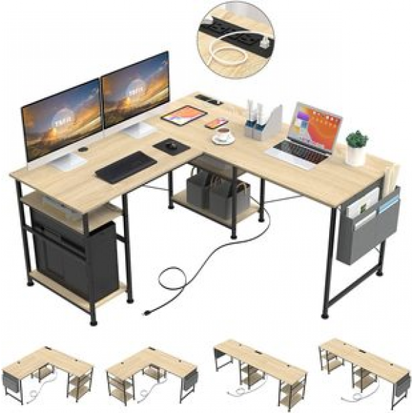 Corner desk L-shaped desk for cross-border e-commerce with side pockets and charging station, office desk, desktop computer desk