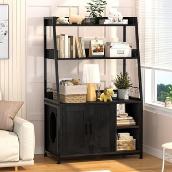 Pet box indoor cat house corner restroom with cat scratch pad black large wooden cat cabinet with shelves storage rack