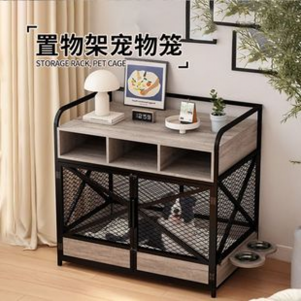 Cross border direct sales with double rotating food bowl storage rack, metal training dog cage, iron mesh anti bite metal dog cage furniture