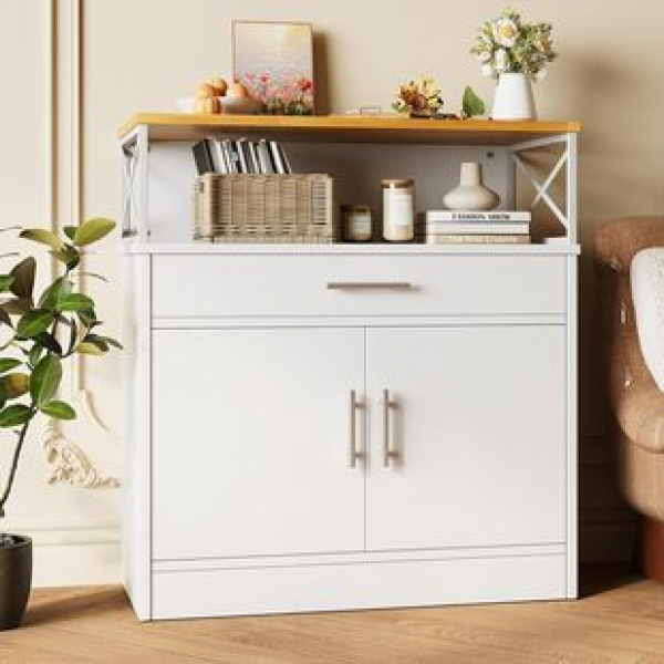 Side panel cutlery cabinet with adjustable shelves and open storage space, featuring a wooden countryside wind belt storage function