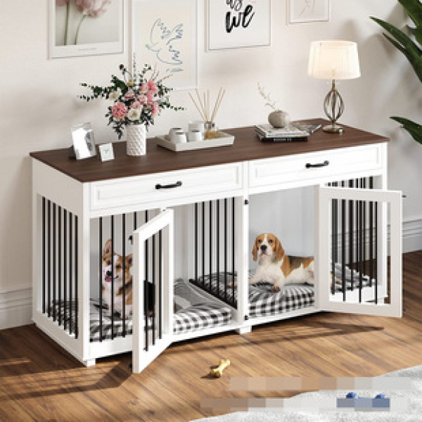 Cross border manufacturer direct sales of large dog cage furniture, wooden dog cage with 2 drawers and partitions, heavy-duty dog cage furniture