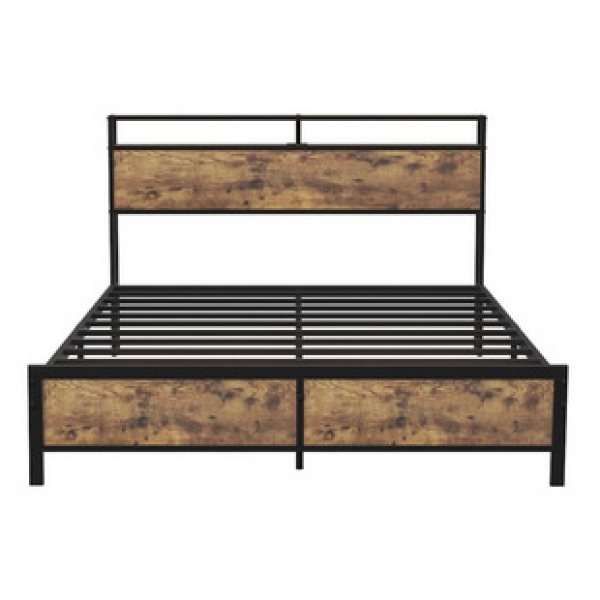 Industrial style double bed, master bedroom hotel, internet famous homestay bed, wrought iron bed, American retro steel and wooden bed, can be stored at the head of the bed