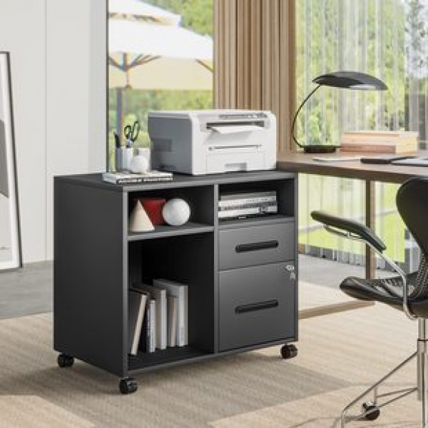 Horizontal office filing cabinet with four swivel wheels, socket and USB charging port, modern printer rack, trendy