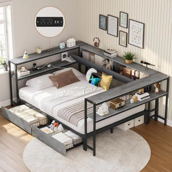 Cross border metal iron bed frame, simple corner floor standing single bed with LED ambient light, drawer storage bed frame