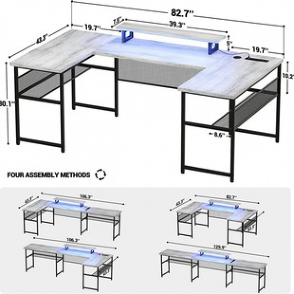 Cross border L-shaped office desk with power socket and LED light strip, display stand and bookshelf, U-shaped computer desk