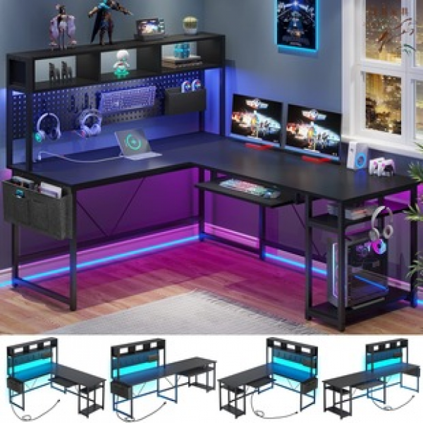 Cross border Amazon high-capacity storage office desk with desktop shelf L-shaped corner with LED lights, trendy computer desk