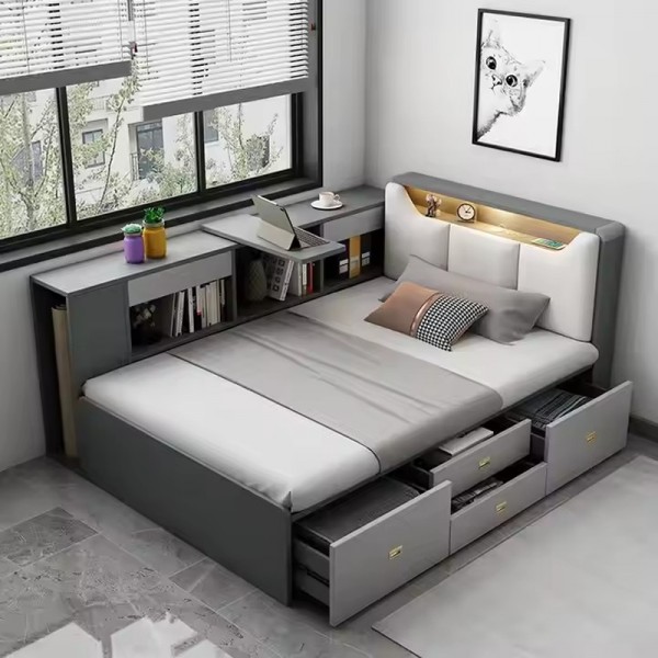 Modern Space Saving Furniture Bedroom Functional Wooded Single Double Storage Twin Wood Beds