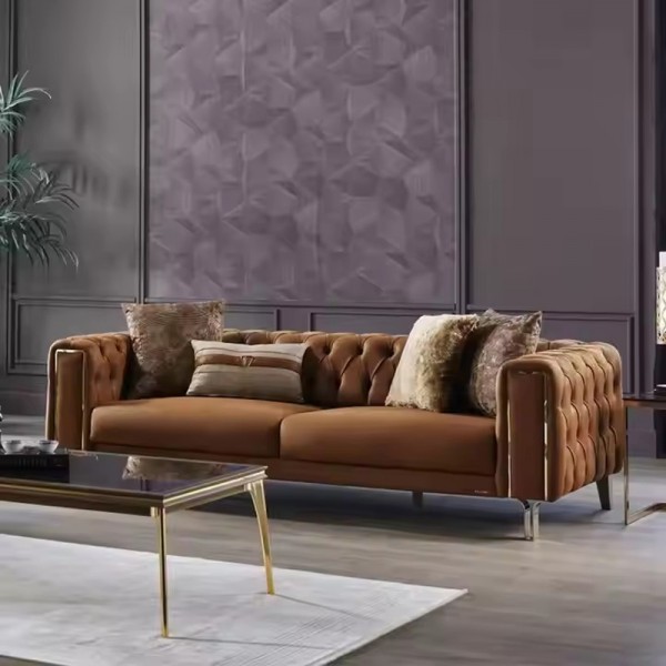 Italian Luxury Design Tufted Velvet Fabric Sectional Sofa Stainless Steel Leg Living Room Furniture Set Including Coffee Table
