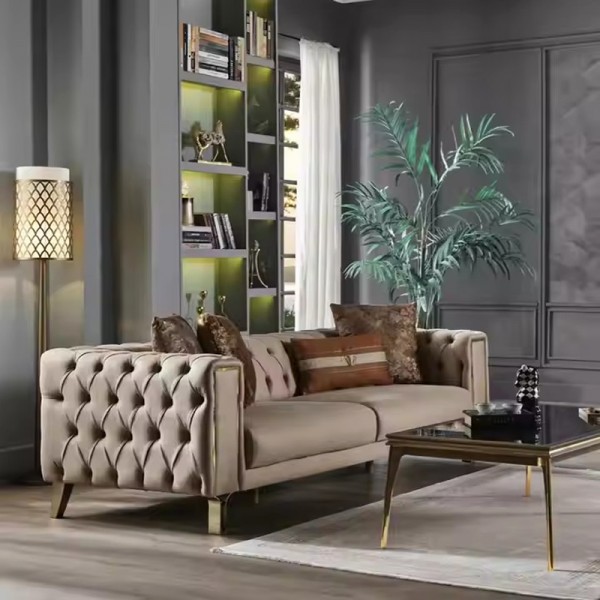 Italian Luxury Design Tufted Velvet Fabric Sectional Sofa Stainless Steel Leg Living Room Furniture Set Including Coffee Table