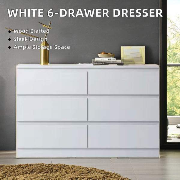 Modern Style White Dresser 6 Wooden Drawers Minimalist Design Plenty Storage Bedroom Bathroom Cabinets for Living Room