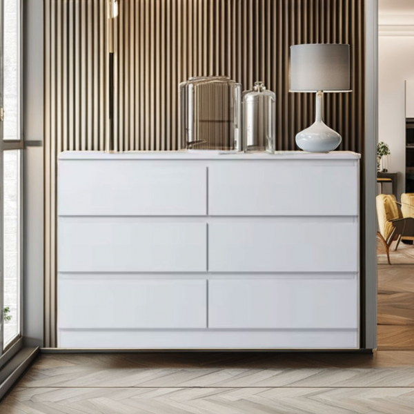 Modern Style White Dresser 6 Wooden Drawers Minimalist Design Plenty Storage Bedroom Bathroom Cabinets for Living Room